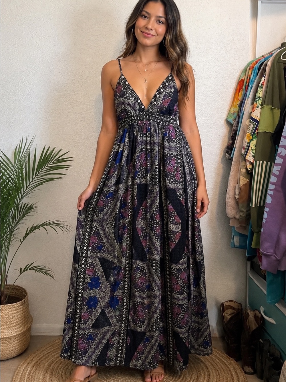 Fire Los Angeles Black Maxi Dress with Purple & Blue Print